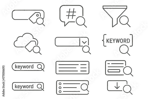 Keyword Search Icons. Line style icons of keyword and tag search: search bar with tag, hashtag bubble, filter funnel icon, tag