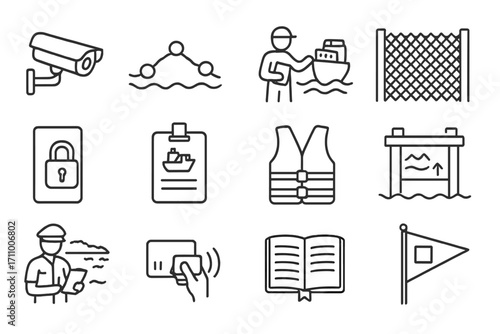 Harbor Patrol Icons. Line style icons of harbor patrol: dockside camera, buoy line, shipboard inspection, fence perimeter check;