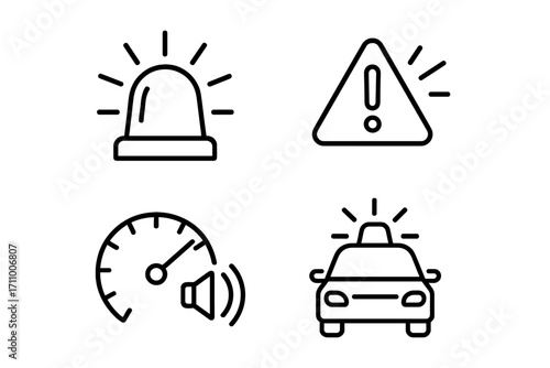 Dashboard Siren Icons. Line style icons of vehicle dashboard siren indicators: siren light icon, alert triangle with flash, speed