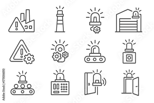 Industrial Alert Icons. Line style icons of industrial sirens: factory with alert icon, smokestack beacon, mechanical alarm unit,