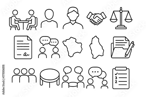 Mediation Process Icons. Line style icons of mediation process: two people at table, neutral mediator icon, handshake symbol,
