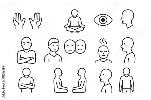 Mediation Body Language Icons. Line style icons of mediation body language: open hands, seated posture forward, eye contact symbol