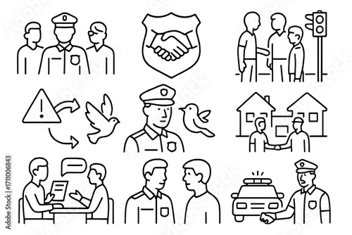 Law Mediation Icons. Line style icons of mediation in law enforcement: officer with citizen and mediator, police badge with