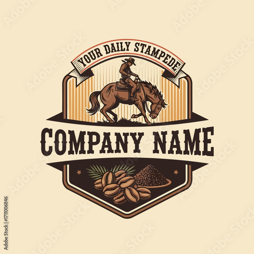 A cowboy riding a bucking horse, surrounded by coffee beans, a vintage-style graphic design.