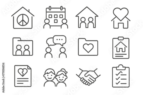 Family Resolutions Icons. Line style icons of family resolutions: home with peace symbol, co-parenting calendar, heart over home,
