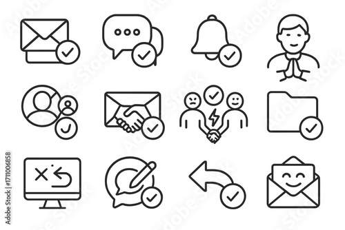 Communication Icons. Line style icons of digital communication resolutions: email thread with check, chat resolved icon,