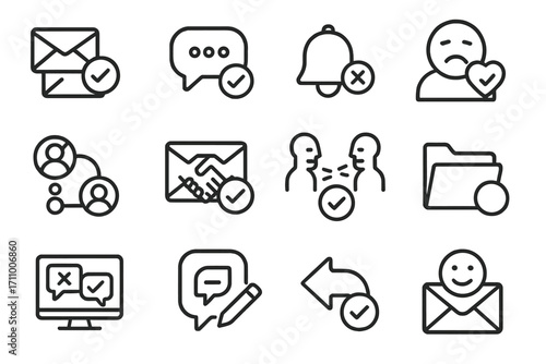 Communication Icons. Line style icons of digital communication resolutions: email thread with check, chat resolved icon,