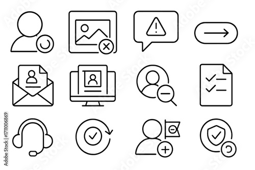 Digital Platform Appeals Icons. Line style icons of digital platform appeals: suspended account icon with retry, content removal