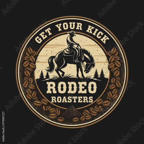 A cowboy riding a bucking horse, surrounded by coffee beans, a vintage-style graphic design.