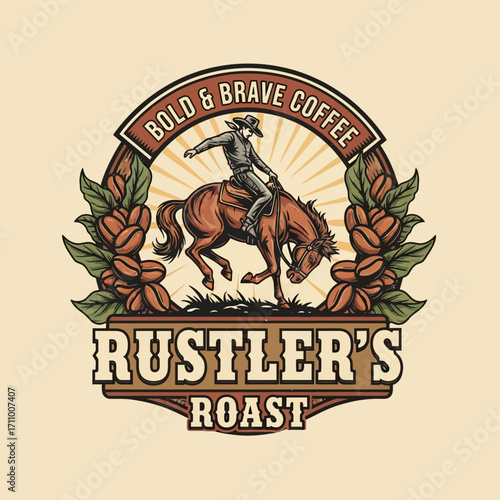 A cowboy riding a bucking horse, surrounded by coffee beans, a vintage-style graphic design.