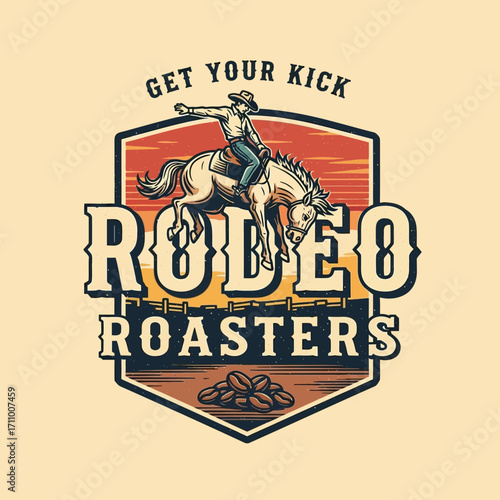 A cowboy riding a bucking horse, surrounded by coffee beans, a vintage-style graphic design.