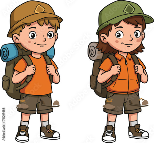 Children hiking with backpacks, boy and girl adventurers, outdoor exploration, kids camping gear, nature trip, travel fun, cartoon characters