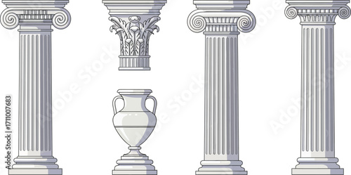 Ancient greek and roman columns with vase architectural elements on transparent background
