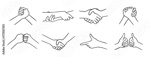 Friendship hand gesture doodle hand drawn icon set. Best friends Outline drawing friendship hand gesture line clipart symbol collection