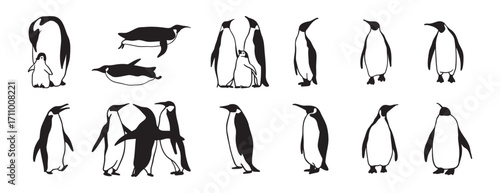 penguin logo doodle hand drawn icon set. Outline drawing penguin line clipart symbol collection