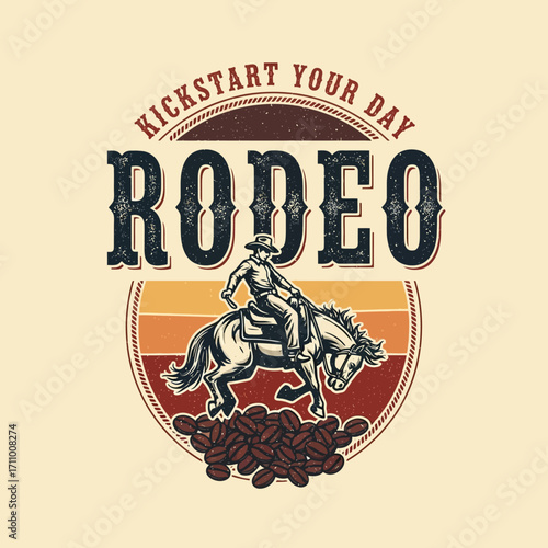 A cowboy riding a bucking horse, surrounded by coffee beans, a vintage-style graphic design.