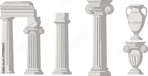 Ancient greek architectural elements with columns arch and vase on transparent background
