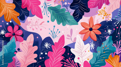 Vibrant and playful abstract botanical illustration featuring array of colorful leaves, flowers, and organic shapes in dynamic, layered, and decorative composition with textured art style.