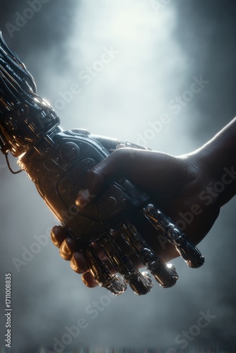 Human hand grasping a futuristic robotic hand in a dramatic lighting setup, showcasing the blend of technology and humanity in a symbolic gesture of connection and collaboration