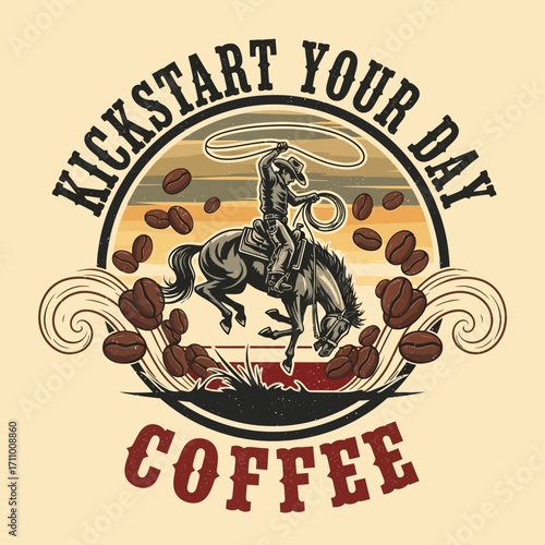 A cowboy riding a bucking horse, surrounded by coffee beans, a vintage-style graphic design.