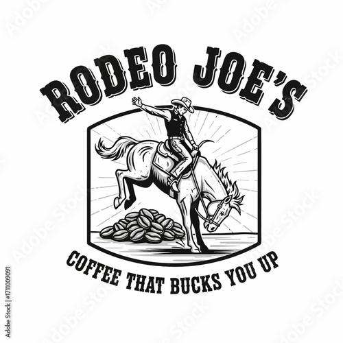 A cowboy riding a bucking horse, surrounded by coffee beans, a vintage-style graphic design.