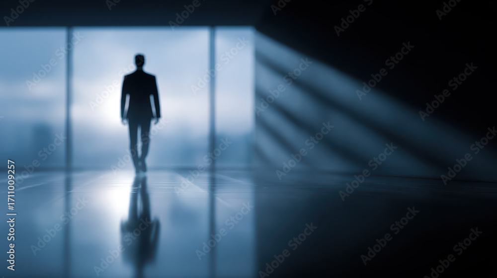 Fototapeta premium Silhouette of person walking in dimly lit modern hallway with large windows and soft light beams creating reflective floor effect