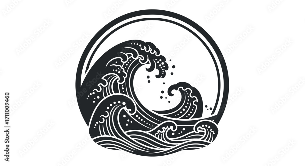Naklejka premium Circular icon with a powerful Japanese-style ocean wave, a black and white vintage vector graphic art design