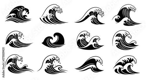 Iconic collection of stylized ocean waves in a traditional Japanese art style, a monochrome vector set of sea surf graphics