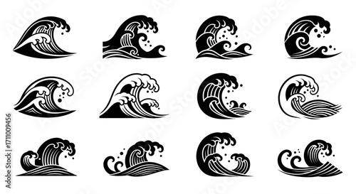 A diverse set of isolated black and white ocean wave icons, featuring stylized sea surf graphics in a traditional Japanese art style