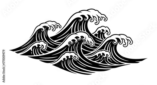 Monochrome vector illustration of powerful ocean waves in a traditional Japanese art style, isolated on white