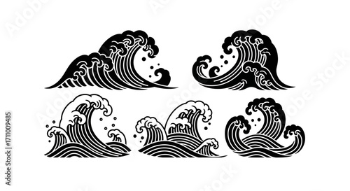 Collection of stylized Japanese waves in a traditional ukiyo-e woodblock style illustration, showcasing dynamic ocean currents and sea foam