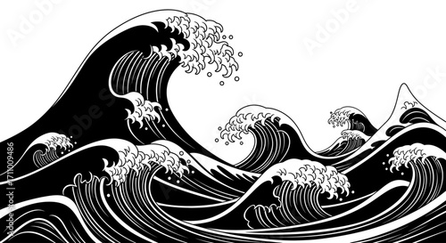 Dramatic black and white illustration of tumultuous ocean storm waves, featuring powerful, swirling water in a traditional Japanese art style