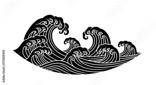 A powerful monochrome illustration of dynamic, whisking ocean waves, capturing the energetic spirit of traditional Japanese sea art