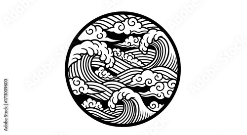 A dynamic black and white circular emblem featuring stylized Asian ocean waves and turbulent swirling clouds in a traditional graphic art style