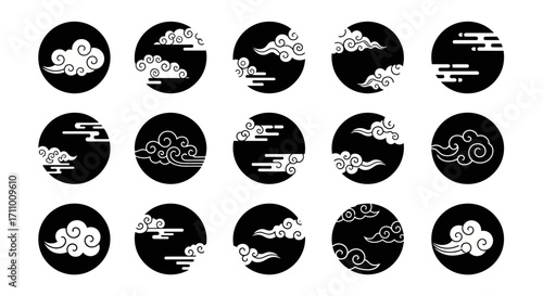 A curated collection of traditional Asian cloud icons, featuring stylized white swirling patterns on black circular backgrounds for graphic design