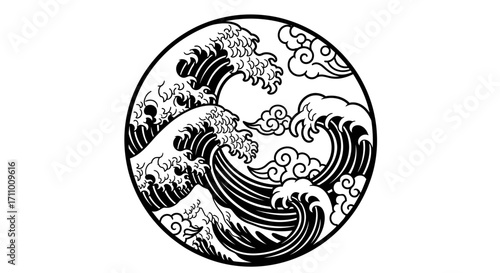 Monochrome Japanese style ocean waves and swirling clouds in a circle, a traditional Asian marine vector illustration for a tattoo or emblem design