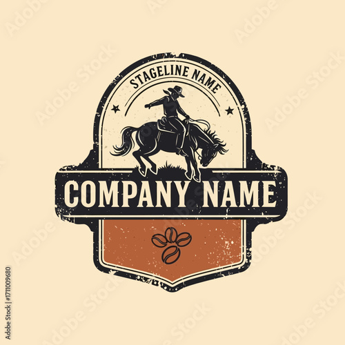 A cowboy riding a bucking horse, surrounded by coffee beans, a vintage-style graphic design.