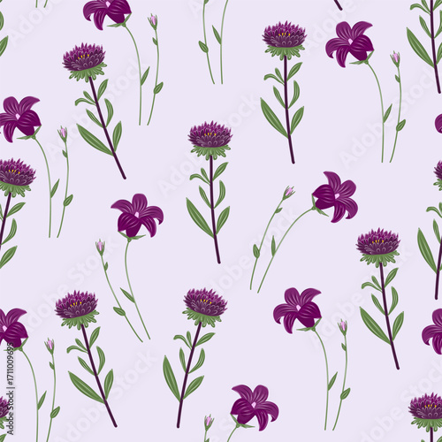 Flowers vector seamless pattern with thistle, gerbera, campanula, purple bellflower. Hand-drawn botanical illustration, perfect for fabric textile design and backgrounds.
