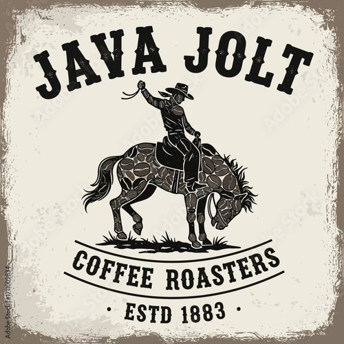 A cowboy riding a bucking horse, surrounded by coffee beans, a vintage-style graphic design.