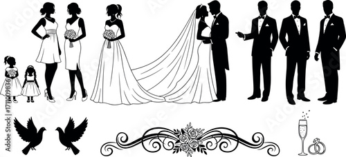 Wedding ceremony silhouettes with bride, groom, bridesmaids, groomsmen, flower girls, rings, doves, champagne, and romantic decorative elements in black and white