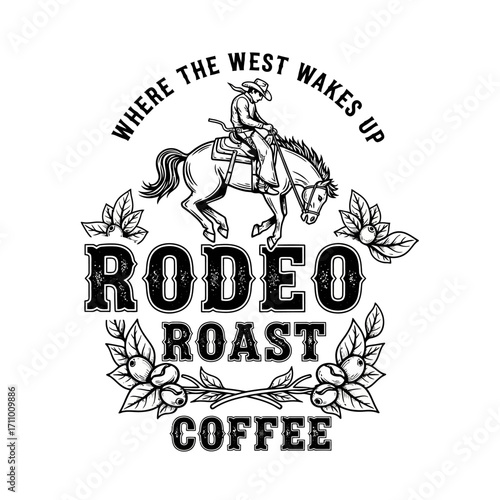 A cowboy riding a bucking horse, surrounded by coffee beans, a vintage-style graphic design.