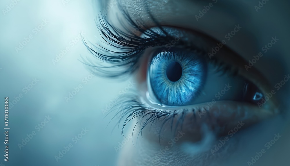 Fototapeta premium Extreme close-up of a bright blue human eye with long dark lashes against a soft blue background. Focus is on the iris and pupil detail, representing vision, emotion and insight.