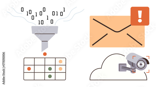 Funnel filtering binary data, alert notification on envelope, security camera on cloud storage, simple grid chart. Ideal for digital protection, cybersecurity, data management, cloud security, AI