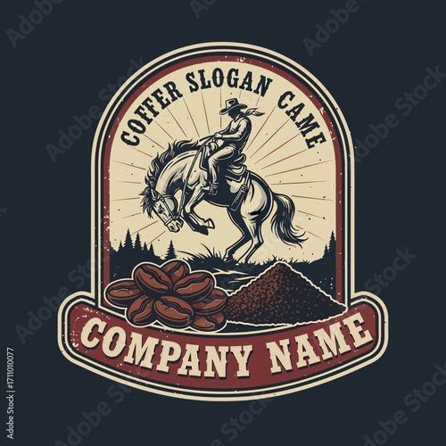 A cowboy riding a bucking horse, surrounded by coffee beans, a vintage-style graphic design.