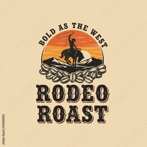 A cowboy riding a bucking horse, surrounded by coffee beans, a vintage-style graphic design.