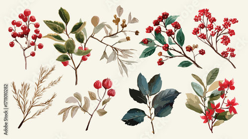 Watercolor Retro Christmas Branch Set with Great Design