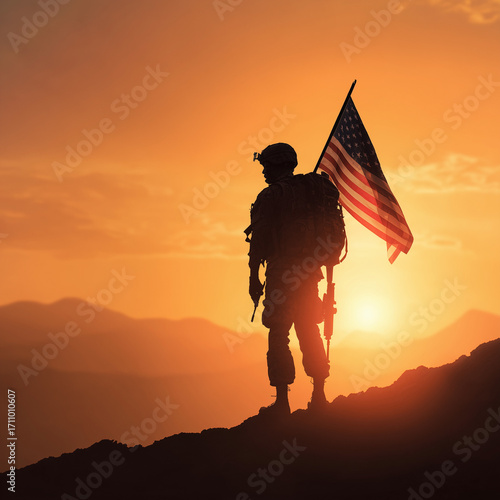 Wallpaper Mural Silhouette of soldier with USA flag against the sunset. Greeting card for Veterans Day, Memorial Day, Independence Day  Torontodigital.ca