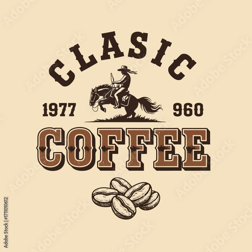 A cowboy riding a bucking horse, surrounded by coffee beans, a vintage-style graphic design.