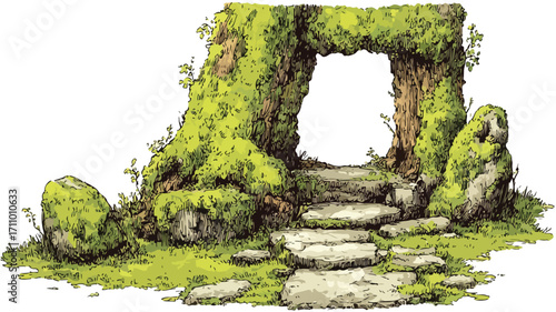 Tranquil Rustic Moss Covered Walkway in Bark Shaded Alcove