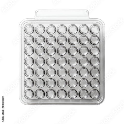 Clear plastic tray with many small, round containers
